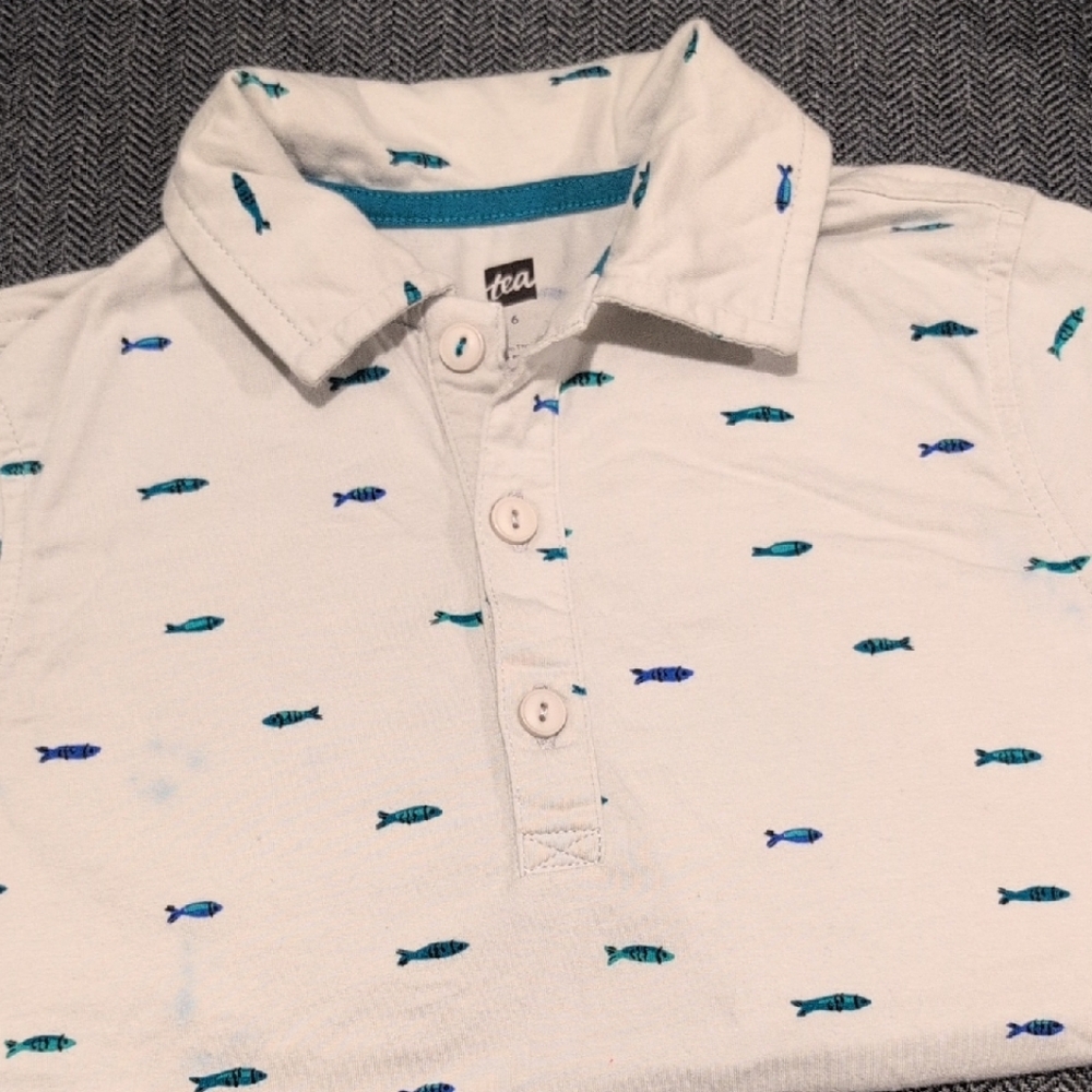 Tea Collection White Polo with Blue Fish Print